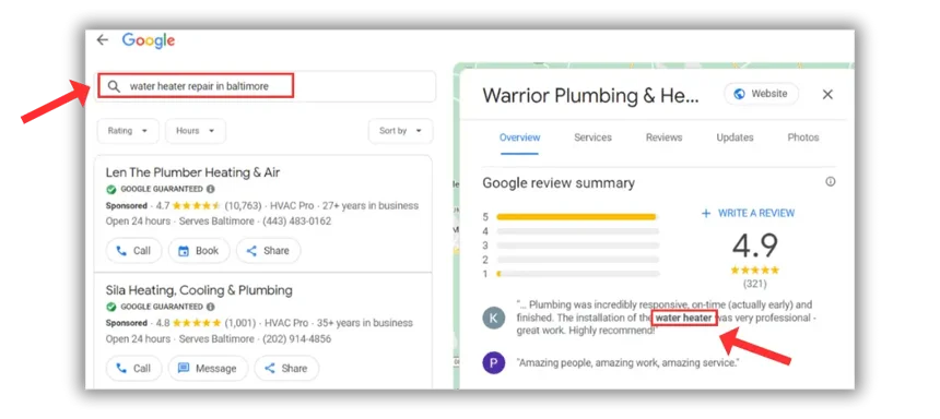 Long tail keywords showing in google reviews