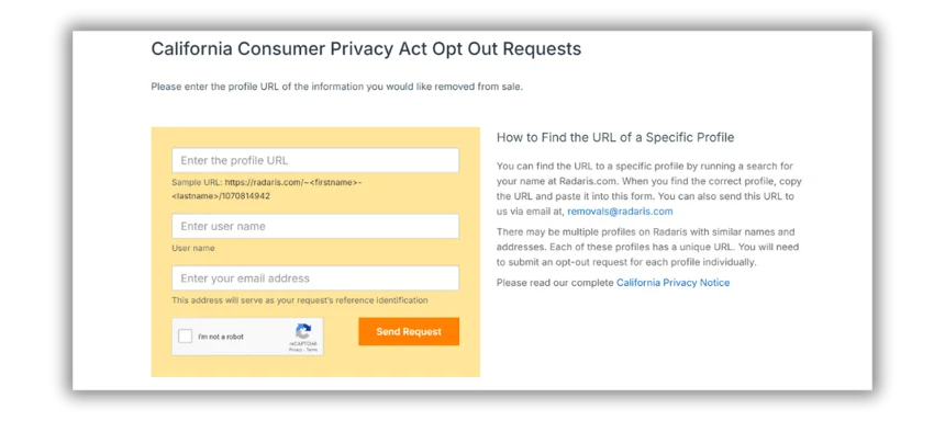 Radaris opt out form