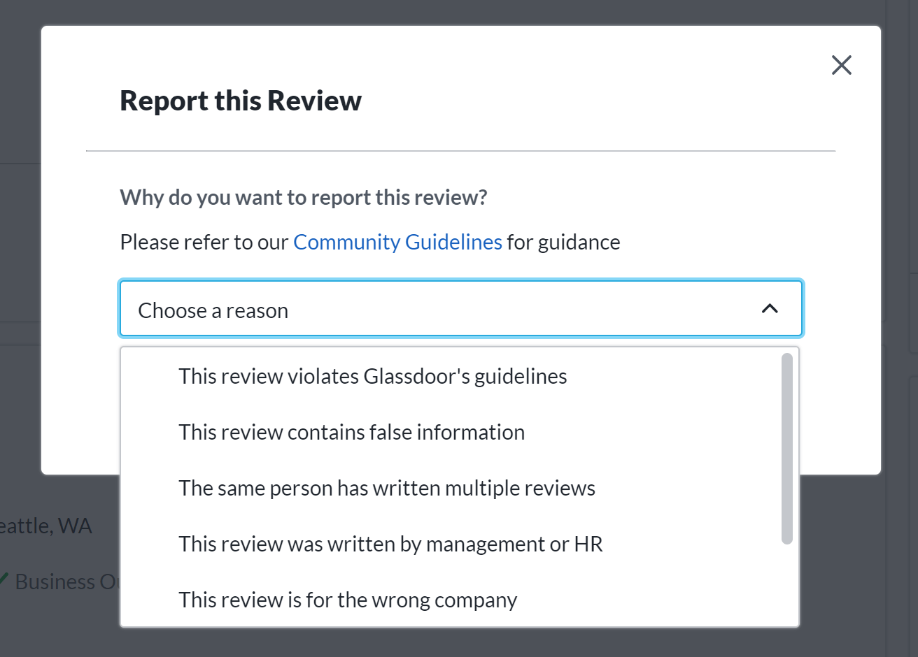 choose the reason to report a glassdoor review