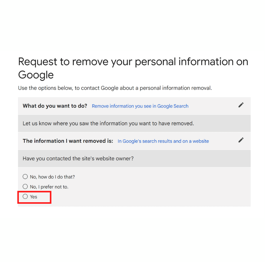 start removal request on Google