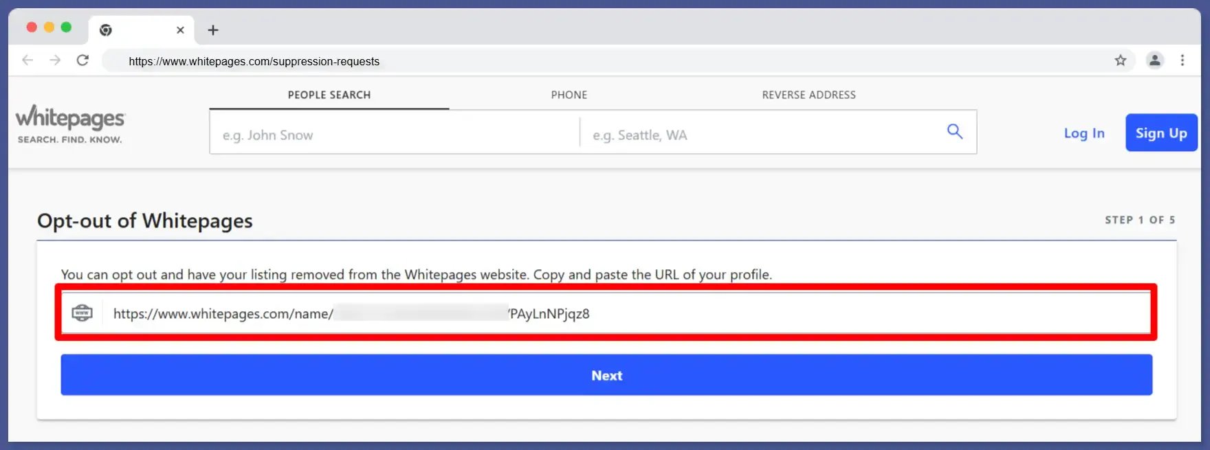 whitepages suppression request