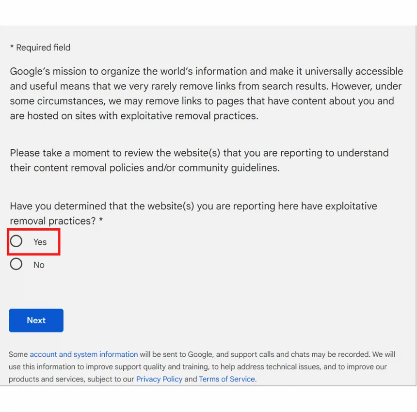 start removal request on Google