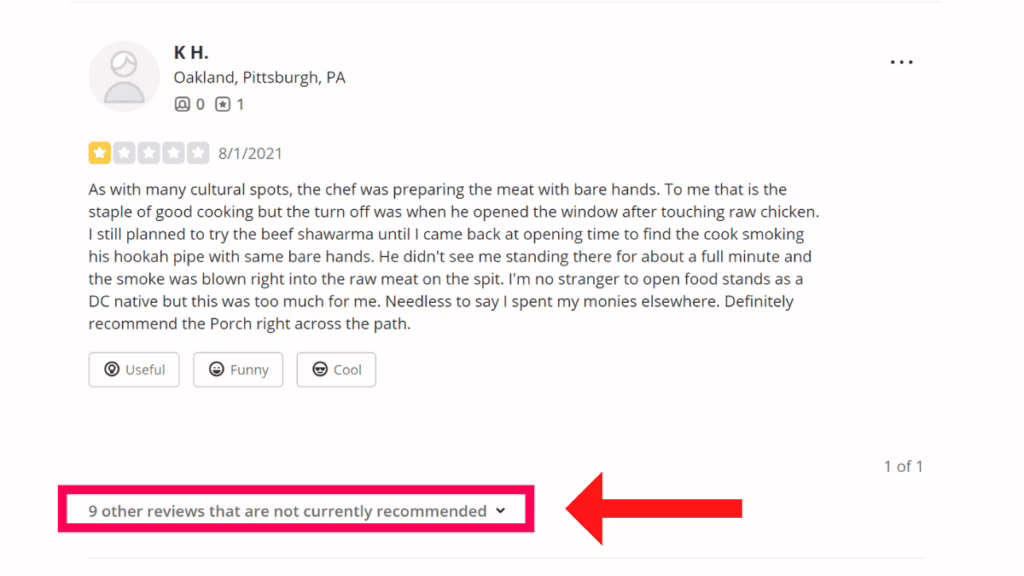 yelp not recommended section