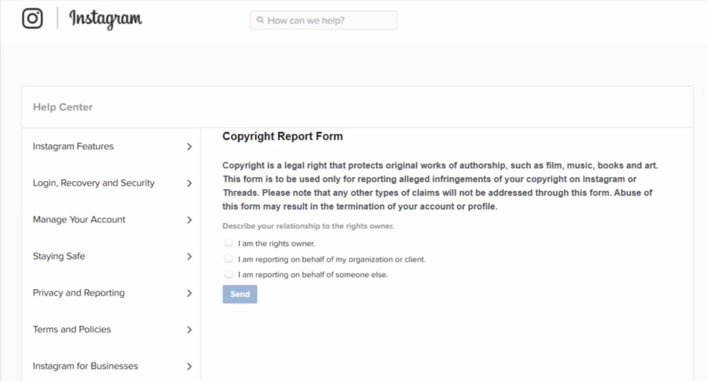 instagram copyright claim form