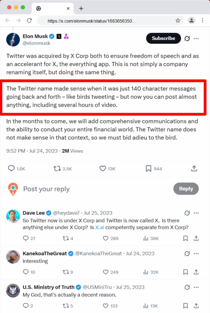 elon musk announcing twitter rebrand to x