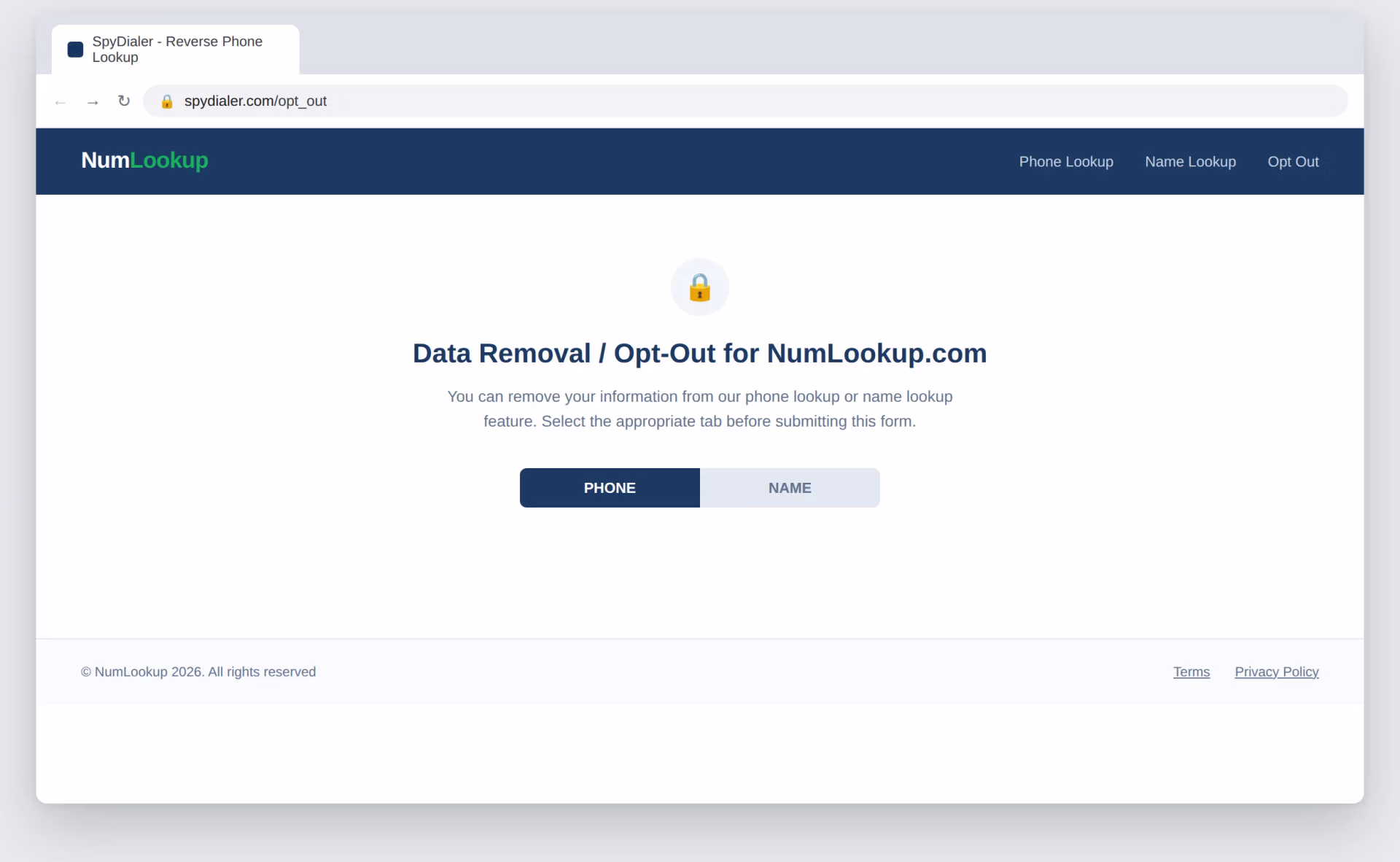 NumLookup.com data removal opt-out page with Phone and Name tabs