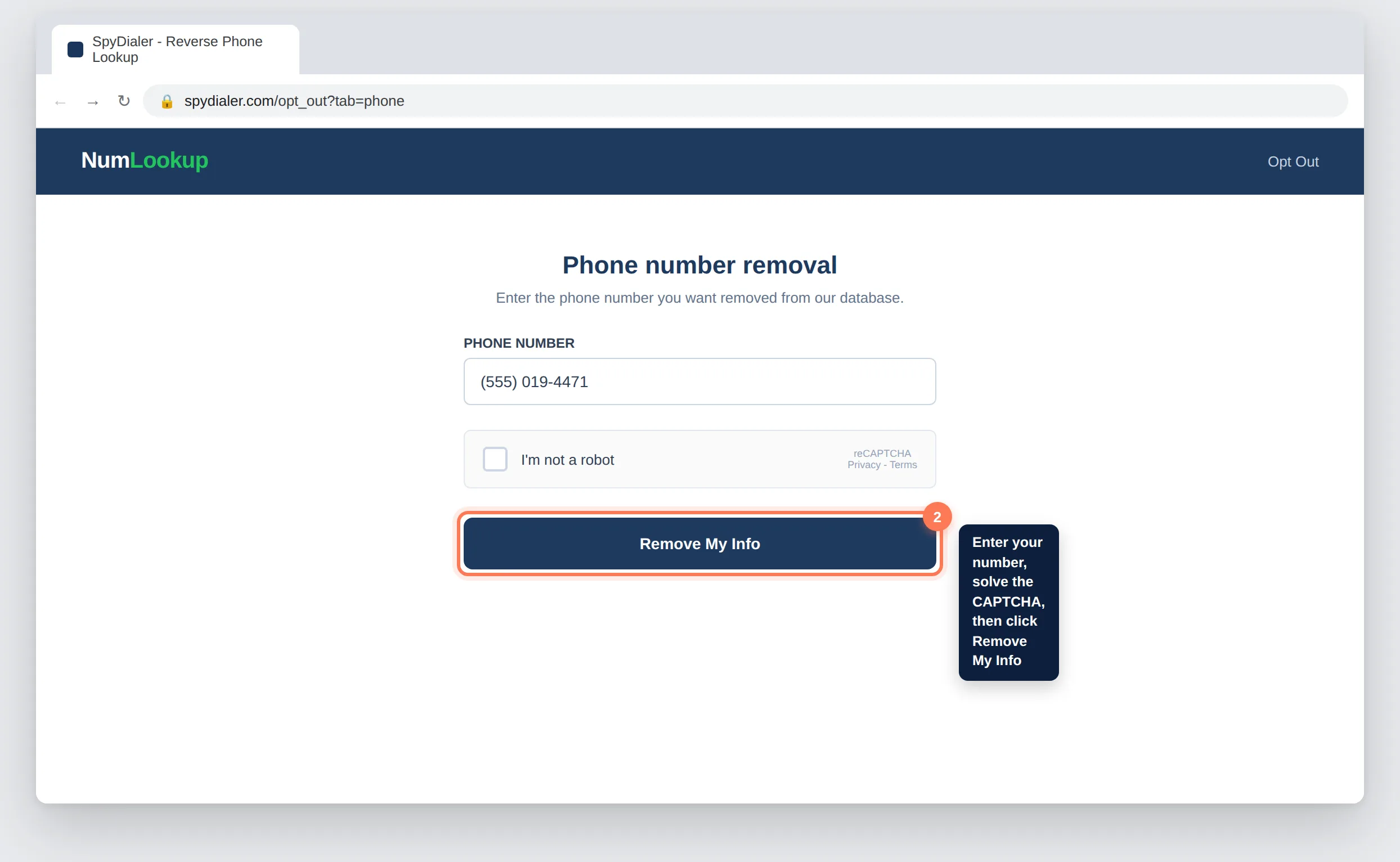 NumLookup.com phone number removal form with CAPTCHA and Remove My Info button highlighted