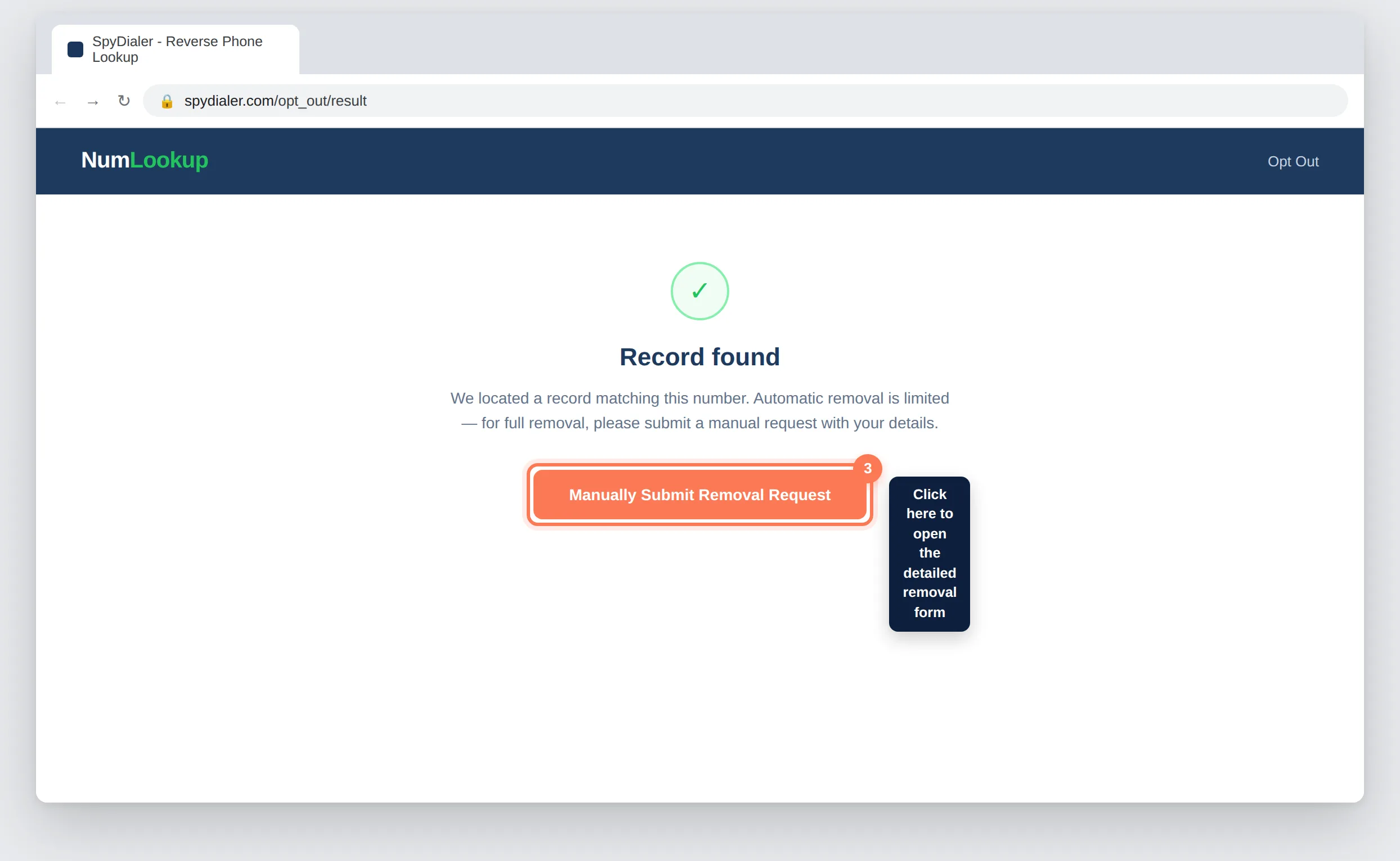 NumLookup.com record found confirmation with Manually Submit Removal Request button highlighted