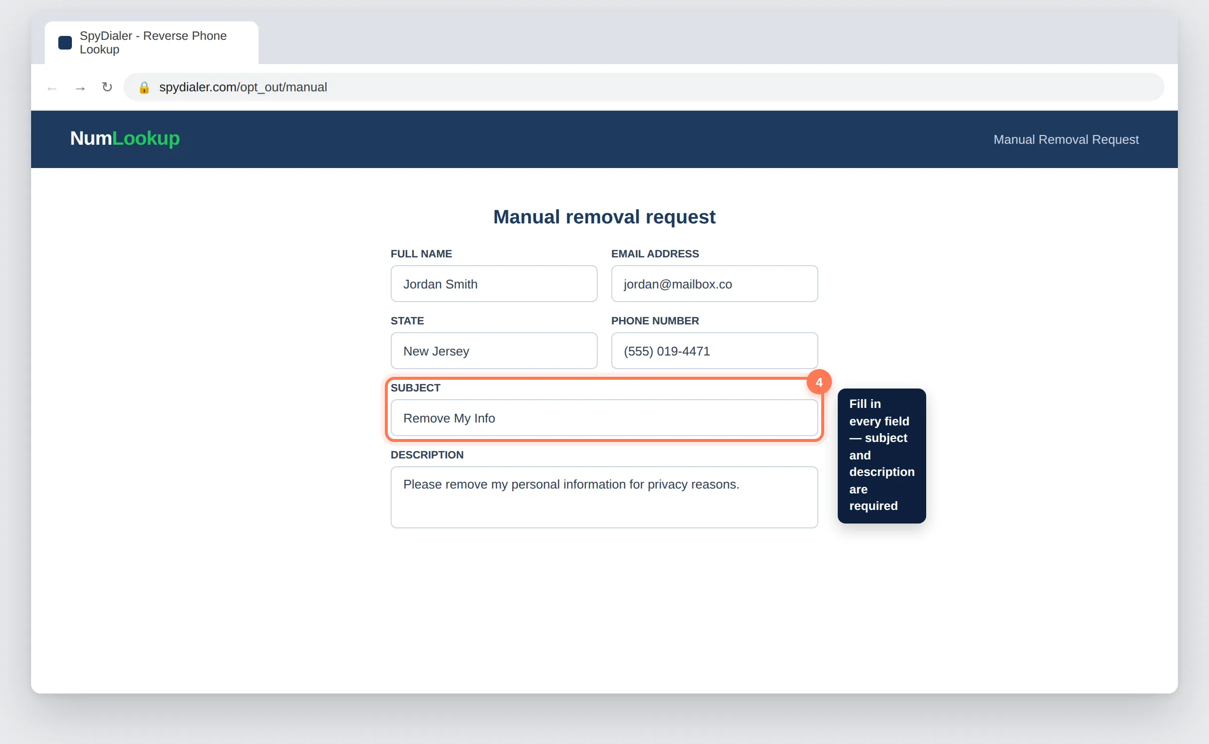 NumLookup.com manual removal request form with name, email, state, phone, subject, and description fields