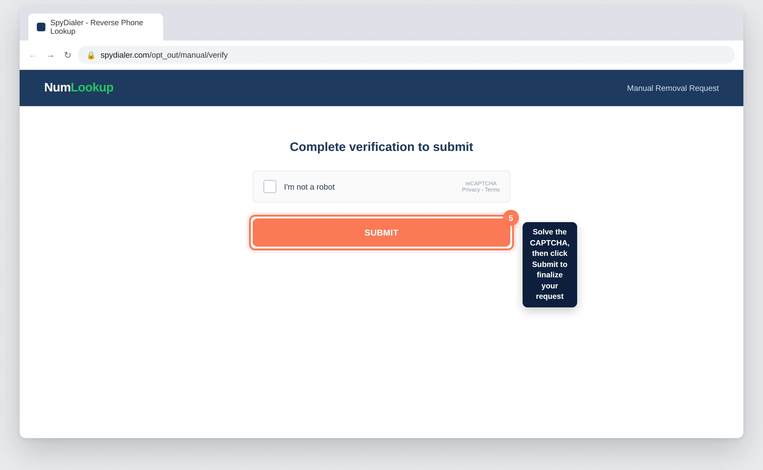 NumLookup.com CAPTCHA verification screen with Submit button highlighted