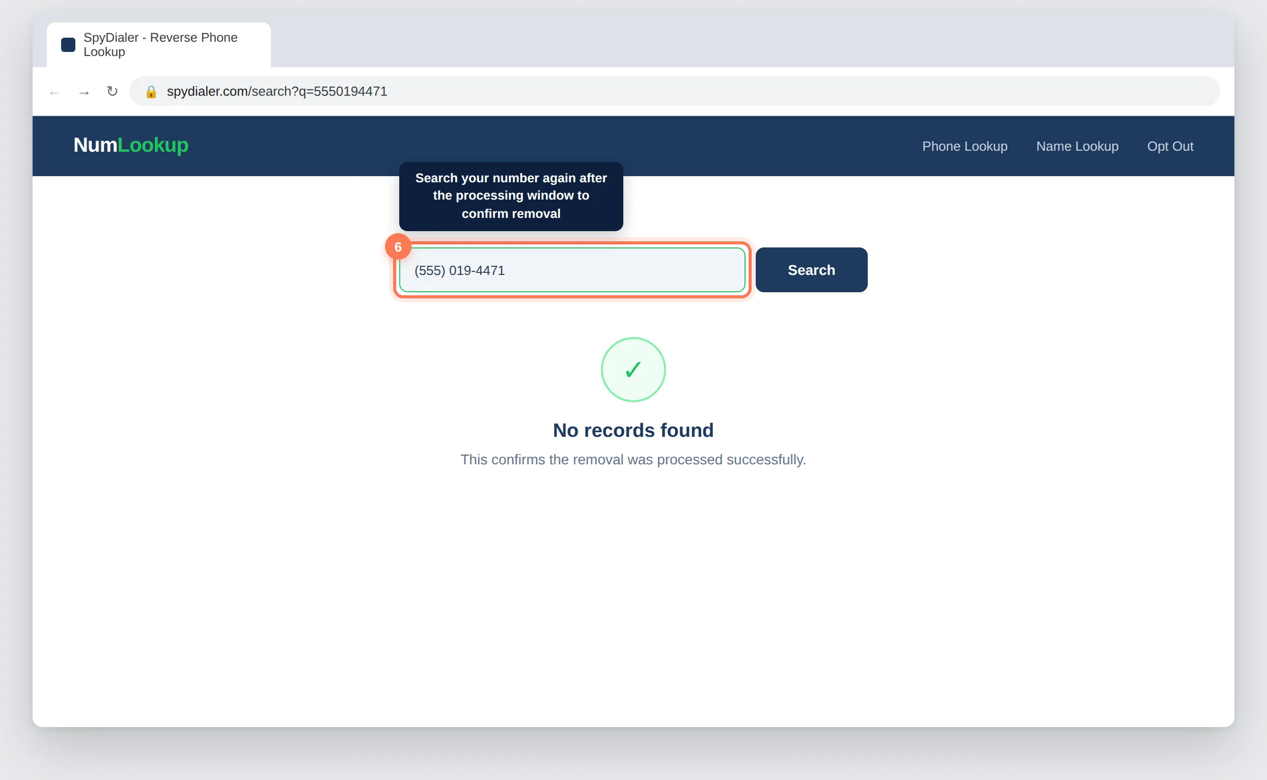 NumLookup.com search results showing no records found after opt-out
