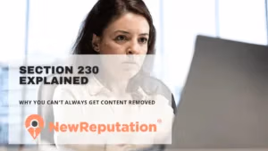 Frustrated woman at a laptop learning why Section 230 limits removing content about you