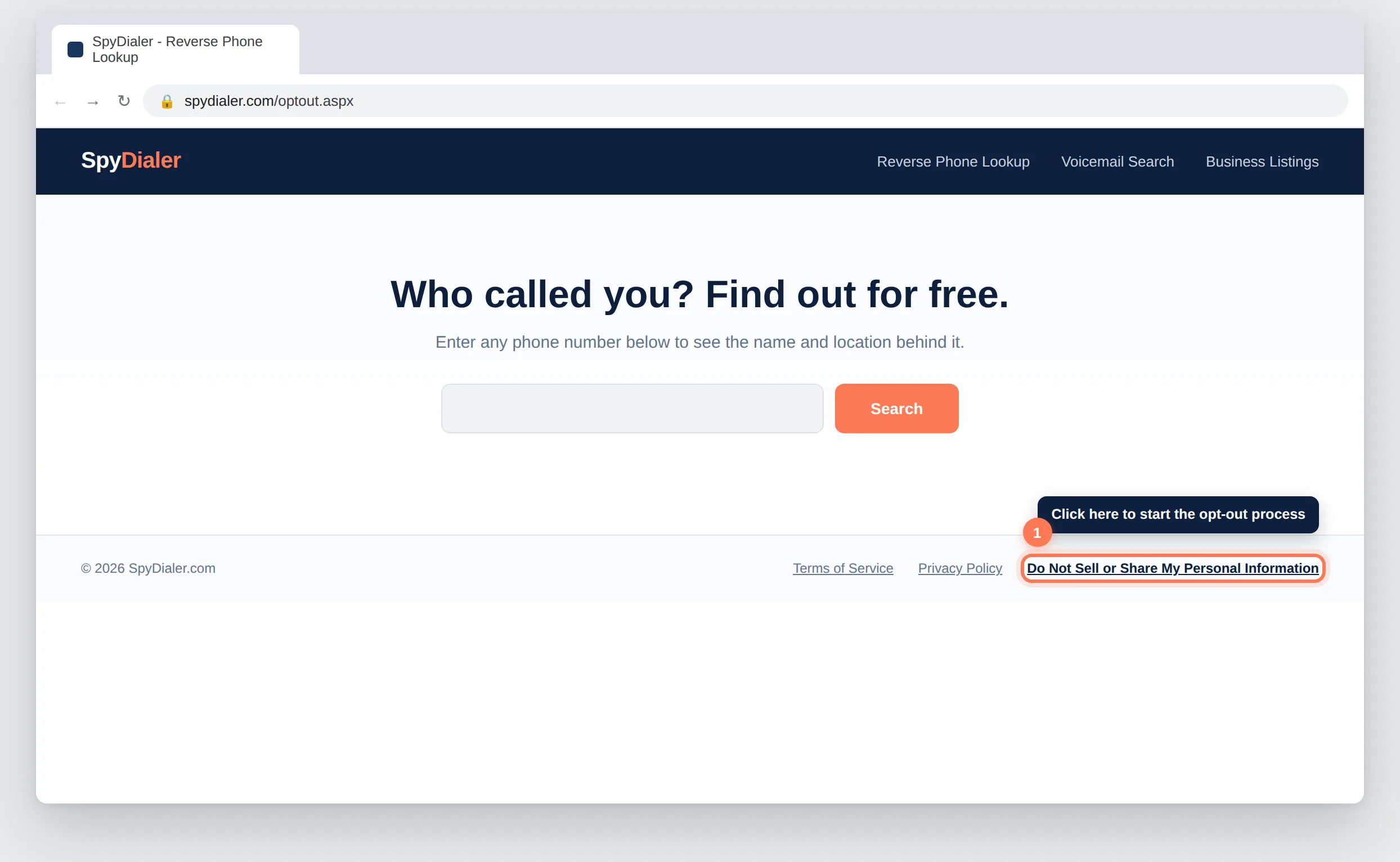 SpyDialer.com homepage footer with the Do Not Sell or Share My Personal Information link highlighted