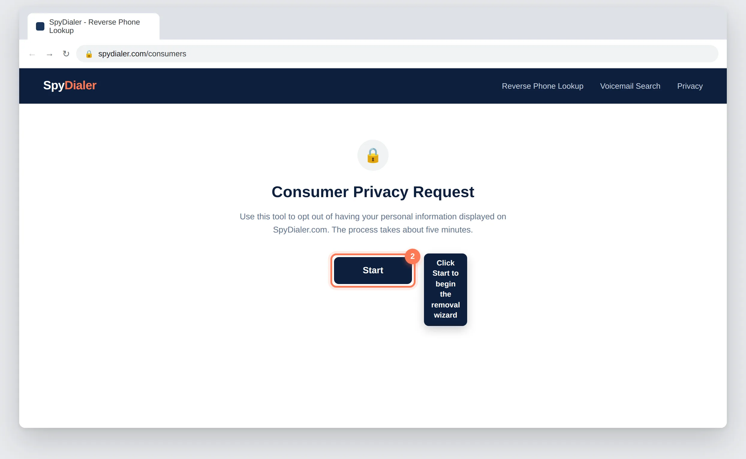SpyDialer.com consumer privacy request page with the Start button highlighted