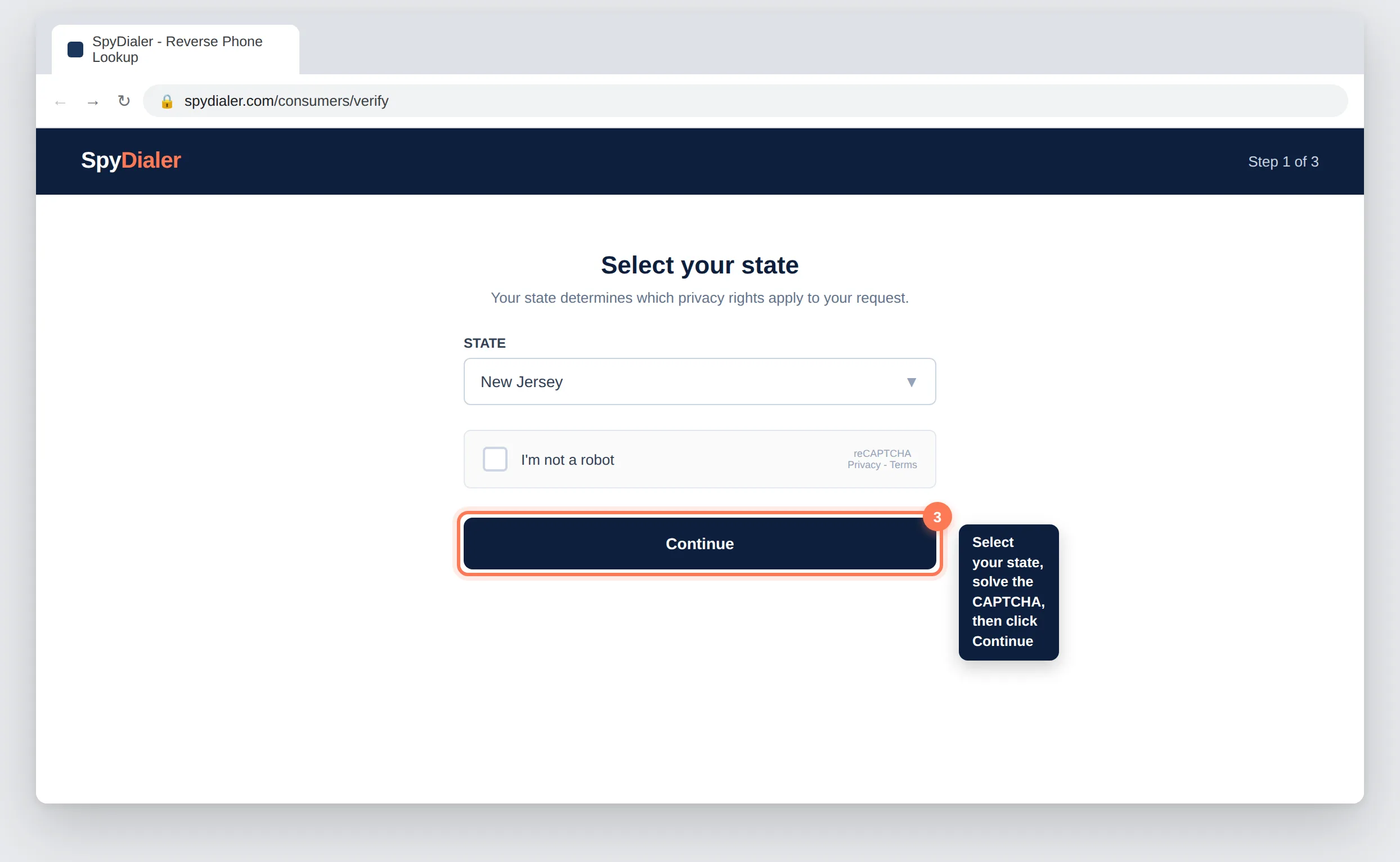 SpyDialer.com state selection and CAPTCHA screen with the Continue button highlighted
