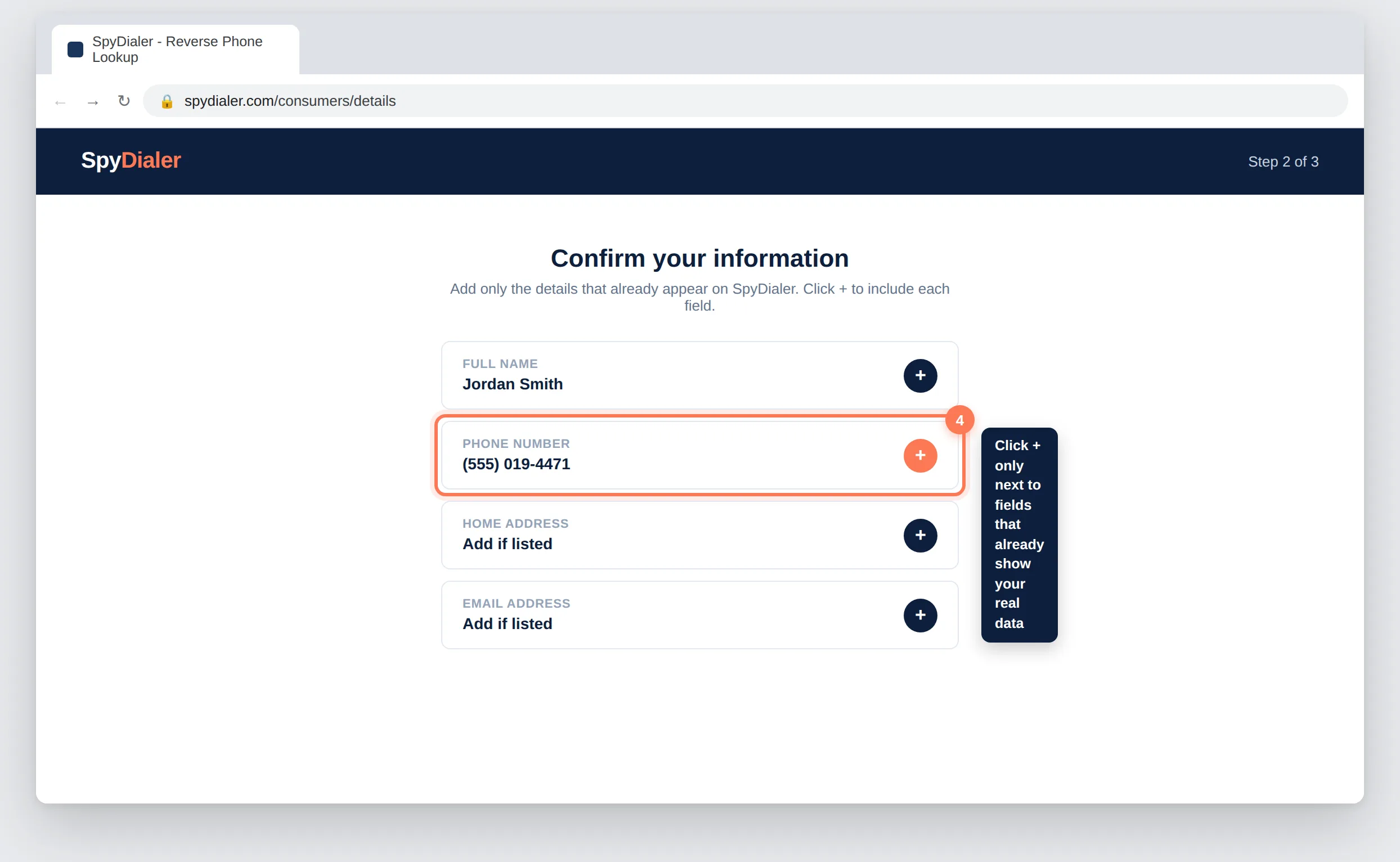 SpyDialer.com data entry screen with the phone number field and plus button highlighted