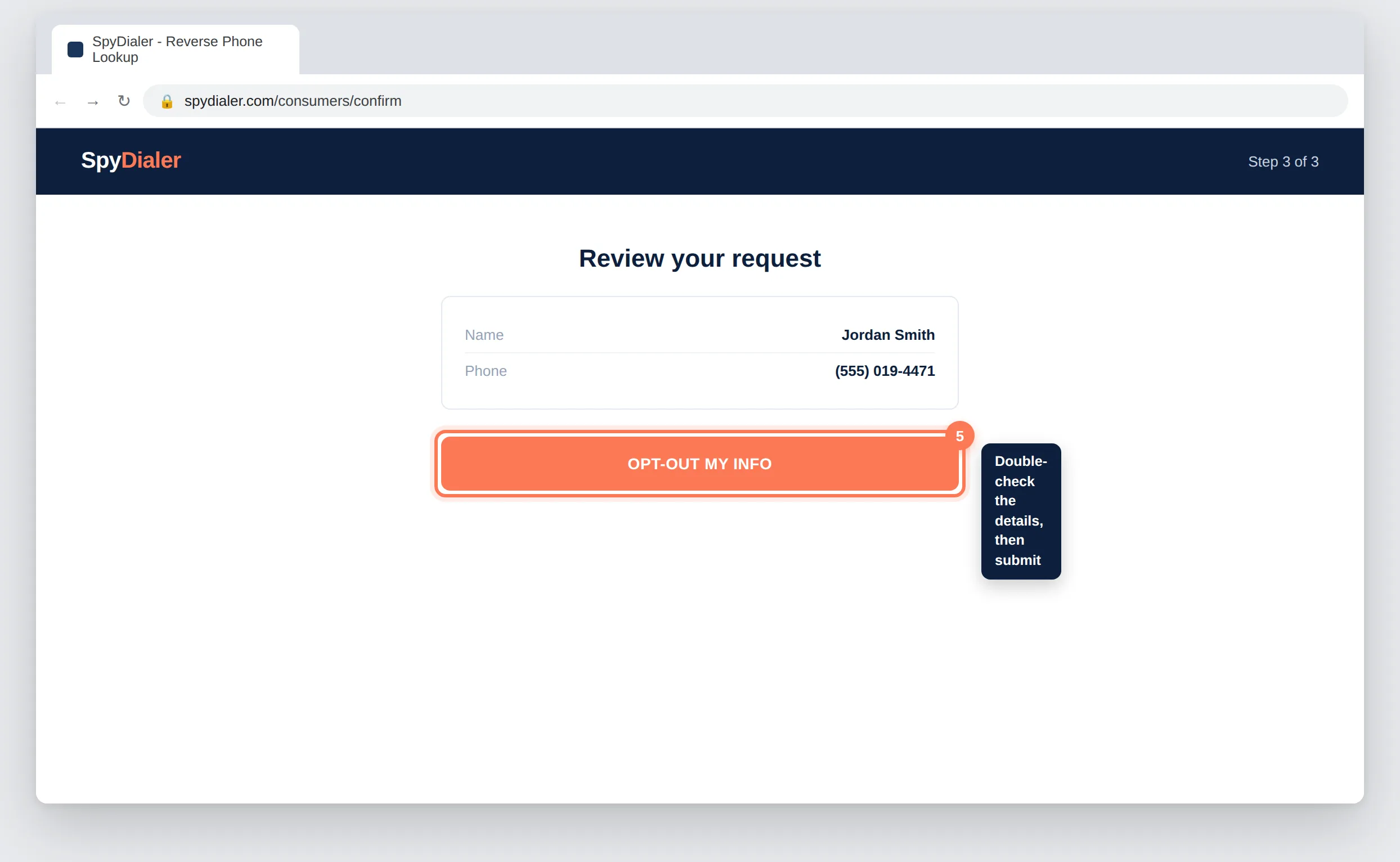 SpyDialer.com review screen with the Opt-Out My Info button highlighted