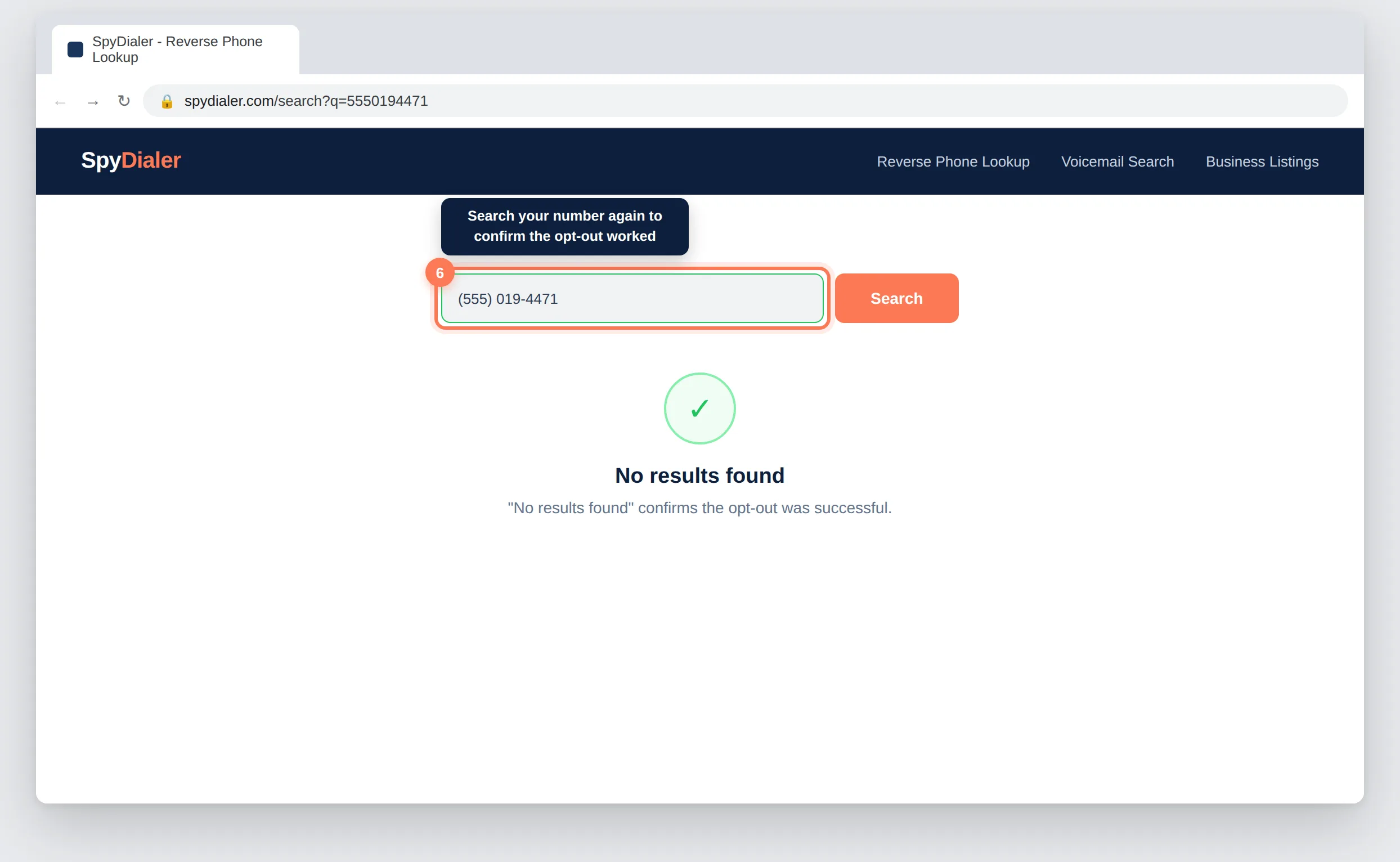 SpyDialer.com search results showing no results found after opt-out