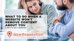 Concerned man and woman looking at a laptop after a website refused to remove content about them