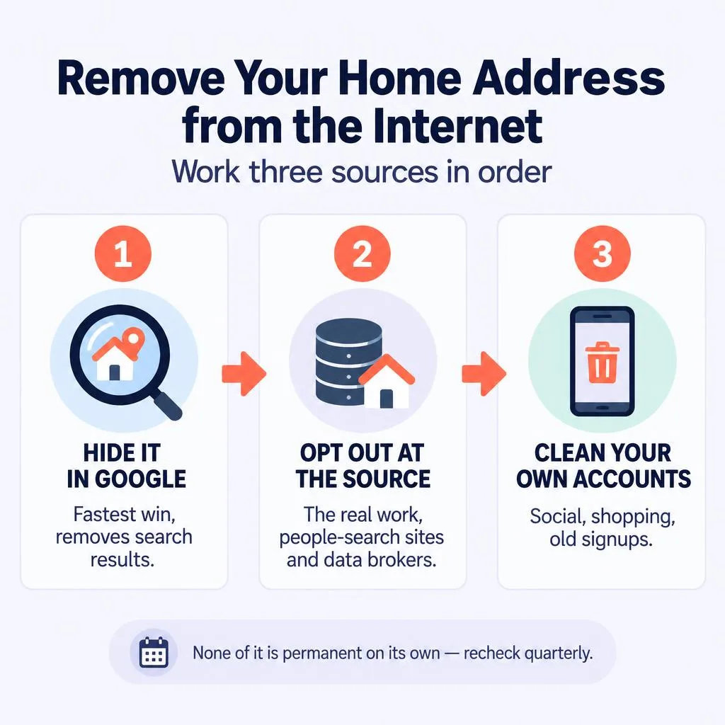 Roadmap of the three-step process to remove your address from the internet