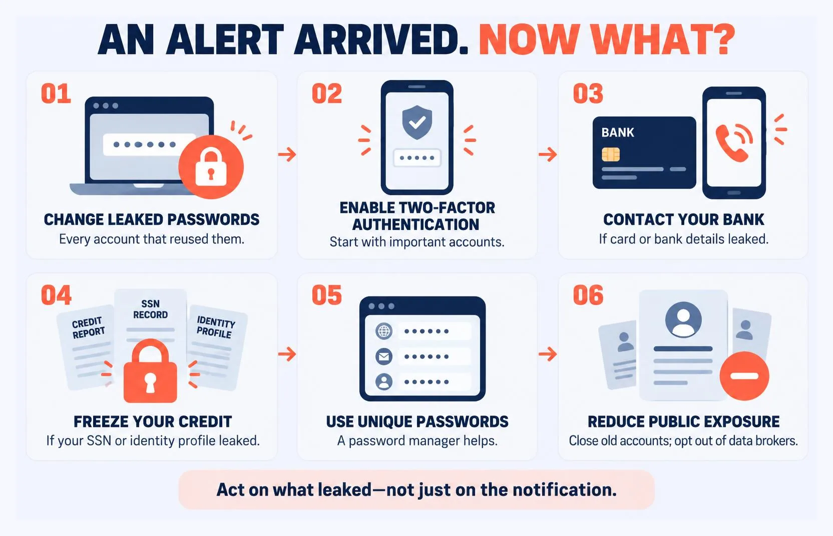Dark web alert response checklist: change the exposed password, enable two-factor authentication, freeze credit, and reduce your public data